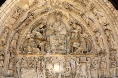 Fleury abbey basilica north gate tympanum: Christ in glory surrounded by evangelists, Saint Benoit sur Loire, France