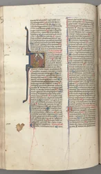 Fol. 220v, Psalm 38, Historiated Initial D, David Kneeling, Gesturing to the Bust of God Above
