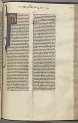 Galatians, historiated initial P, Paul seated with a sword
