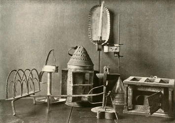 Foot-warmer, Oil Lamps, Candle Sconce, Tin Lantern, and Toaster, c18th Century, 1937