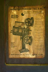 Former Hotel (Hostal Vell - la Toranesa). Interior. The Cinema Projection Room. Cinema Projector (Ossa Pergam tipo PVIII). (Detail) The Original Projector Manual.