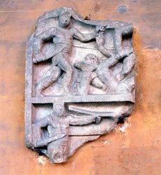 Fragment of a Roman relief showing gladiators fighting