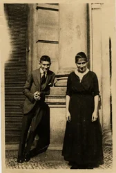 Franz Kafka with his sister Ottla before Oppelt House in Prague
