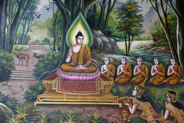 Fresco Depicting the Buddha with Followers in Wat Chiang Mun, Chiang Mai. Thailand