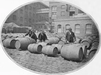 Gauging wine casks at London Docks
