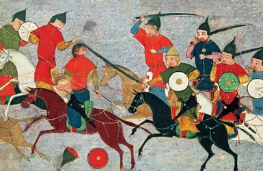 Ghenghis Khan in combat. Miniature from Jami al-tawarikh (Universal History)