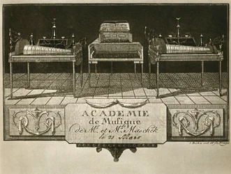 Glass Harmonicas and Keyboard Chimes, Engraving from the First Half of the Nineteenth Century