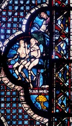 God confronts Adam and Eve, stained glass, Chartres Cathedral, France