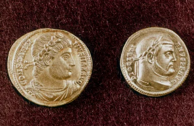 Gold Coins Showing Heads of Roman Emperors Constantine the Great and Diocletian, 4th Century
