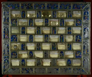 Goldsmith: Staurotheque or Gothic Reliquary of the 14th Century in the Form of Chess Games of Charlemagne, Silver, Gold and Enamel Made in Montpellier. Roncesvalles, Navarre, Spain