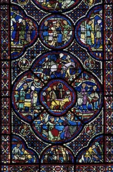 Gothic art: the life of the child prodigy. Stained glass of the ambulatory of the Cathedrale Saint Etienne de Bourges