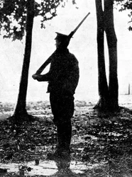 Grey dawn on the battlefield, British cavalry, Belgian frontier, First World War