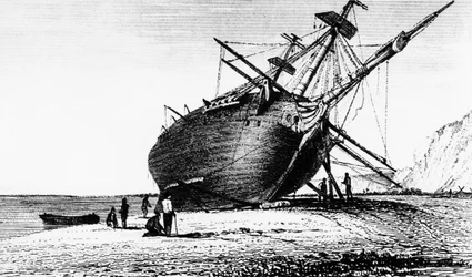 HMS Beagle laid ashore, Rio Santa Cruz, Patagonia, South America