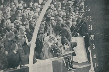 HRH Duchess of York with Duke of York, launching Strathmore on April 4, 1935