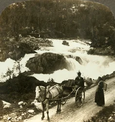Halt of a stolkjaerre on the Telemarken road beside the foaming Little Rjukan Falls, Norway