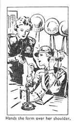 Hands the form over her shoulder, 1940