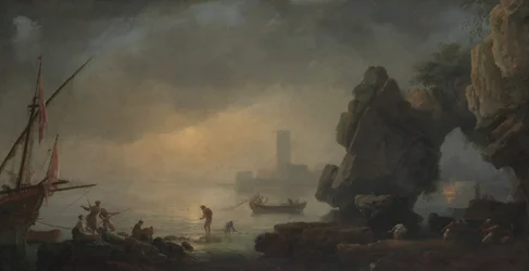 Harbor Scene with a Grotto and Fishermen Hauling in Nets