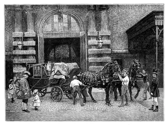 Harnessing the black horses at the Royal Mews, Buckingham Palace, London, c. 1888