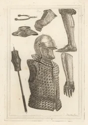 Helmet and Brigandine, Iron Greave or Leg Armour, Gauntlet Belonging to John of Gaunt, Iron Gauntlet, Gorget, Iron Mace, Antique Iron Pryck Spur