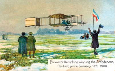 Henri Farman winning prize for first circular kilometre flight, Paris, Jan 1908