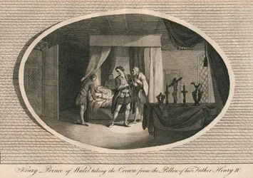 Henry, Prince of Wales taking the Crown from the pillow of his father Henry IV, 1413, 1793