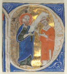 Historiated Initial Excised from a Bible: St. Paul and a Cleric, 1200s