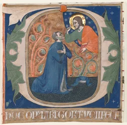 Historiated Initial O Excised from an Antiphonary: The Donor, Gorus Fucci, Kneels before Christ