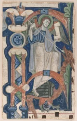 Historiated Initial P Excised from a Choral Book: St. Michael and the Dragon, early 1200s