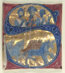 Historiated Initial S Excised from a Bible: Soldiers and Horses