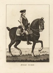 Horse Guard, in military uniform with tricorn, musket