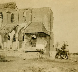 Horses grazing near ruined church, Frise, northern France