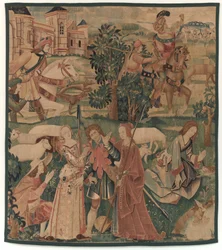 Hunting and Pastoral Scenes, with a Laughing Man Between Ladies