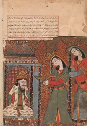 Ilar or Irakht About to Throw the Bowl of Rice at the King, Folio from a Kalila wa Dimna