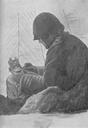 Johansen Sitting in the Sleeping Bag in the Hut