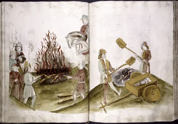John Hus is burnt at the stake July 6, 1415 and his ashes are cast into the Rhine (from Ulrich Richental Chronicle of the Coun)