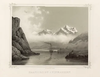 Kåfjord in Finmark. Illustration from the book Norway Represented in Drawings by Asbjørnsen, P.Chr. Published by Chr. Tønsberg (Norway 1848)