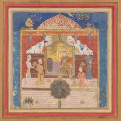 Khusrau Parviz before his Father Hurmuzd, Folio from a Shahnama
