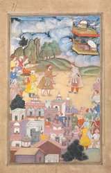 King Sal Visits Kala Yavana, Folio from a Harivamsa Legend of Hari Krishna, 1590-95
