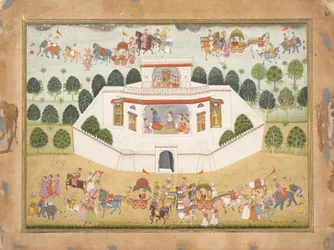 Krishna and Balarama within a Walled Palace: Page from a Dispersed Bhagavata Purana