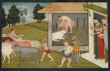 Krishna and Lakshmana Taking the Cattle Out to Graze, Page from the Bhagavata Purana