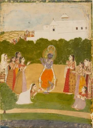 Krishna Beside a River Playing the Flute