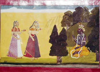 Krishna with flute, approached by two ladies