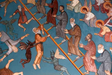 Kykkos monastery, Cyprus. The Ladder of Divine Ascent with the good on the right and the bad on the left