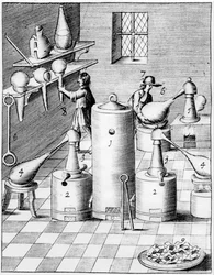 Laboratory for refining gold and silver, showing typical laboratory equipment, 1683