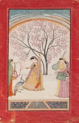 Lady on terrace with tree branch, peacock, maid, and two musicians, late 18th - early 19th century