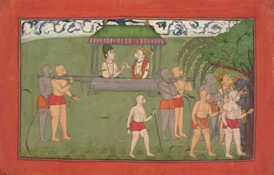 Lakshmana and Sugriva Being Carried by Palanquin to Receive Ramas Blessings, ca. 1710-25