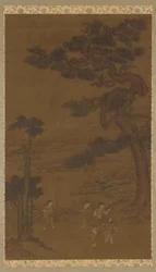Landscape: handicraftsmen under a great pine tree