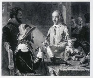 The English doctor William Harvey (1578-1637) showing King Charles I of England (1600-1649) the theory of blood circulation
