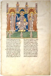 Leaf from a Beatus Manuscript: Christ in Majesty with Angels and the Angel of God, ca. 1180