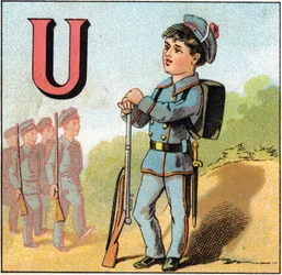 Letter U as uniform. Schoolboy in military suit with a rifle. Engraving in "Alphabet des petits ecoliers". Imaging of Epinal, circa 1885